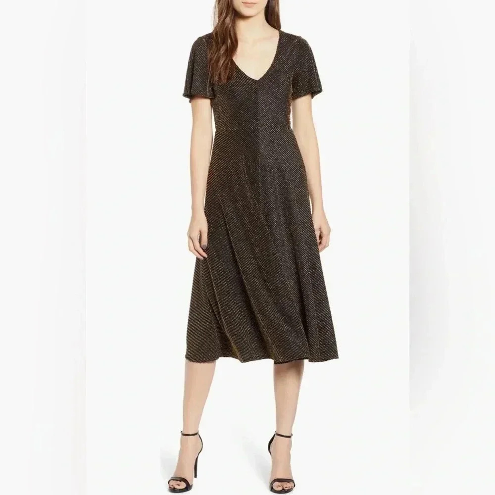 NWOT LEITH gold pin stripe fit & flare flutter sleeve v neck tie belt dress XS-M